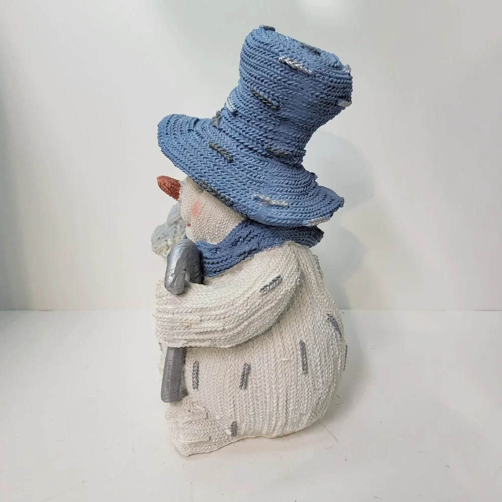 Blue Knitted Snowman Figurine‎ with Top Hat & Cane Winter Holiday Decor